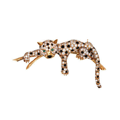 Van Cleef & Arpels, 18K Gold Diamond Onyx Emerald Feline Brooch