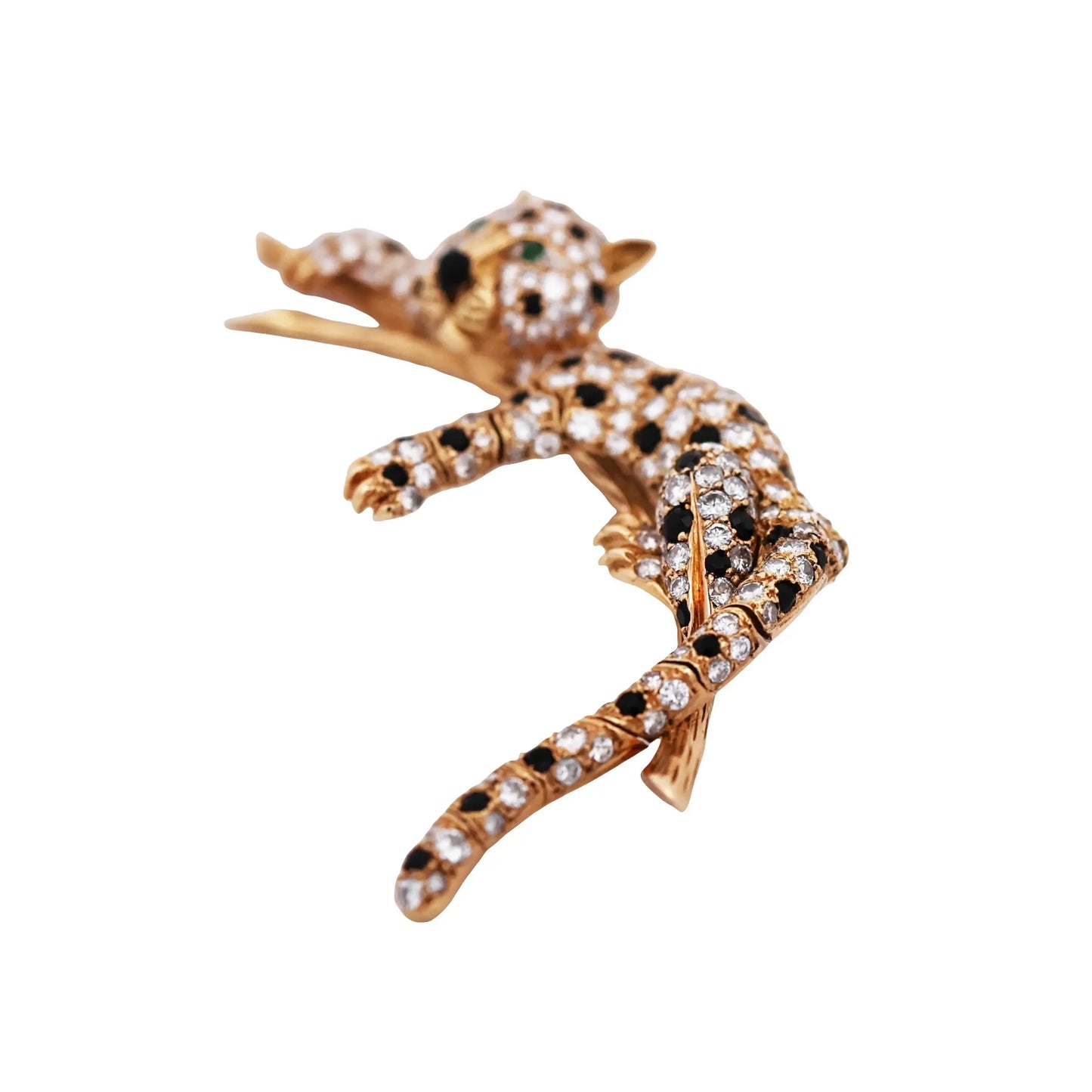 Van Cleef & Arpels, 18K Gold Diamond Onyx Emerald Feline Brooch