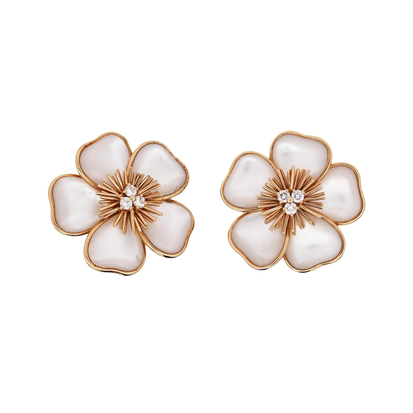 Van Cleef & Arpels, 18K Gold Mother-of-Pearl Diamond Flower Earrings