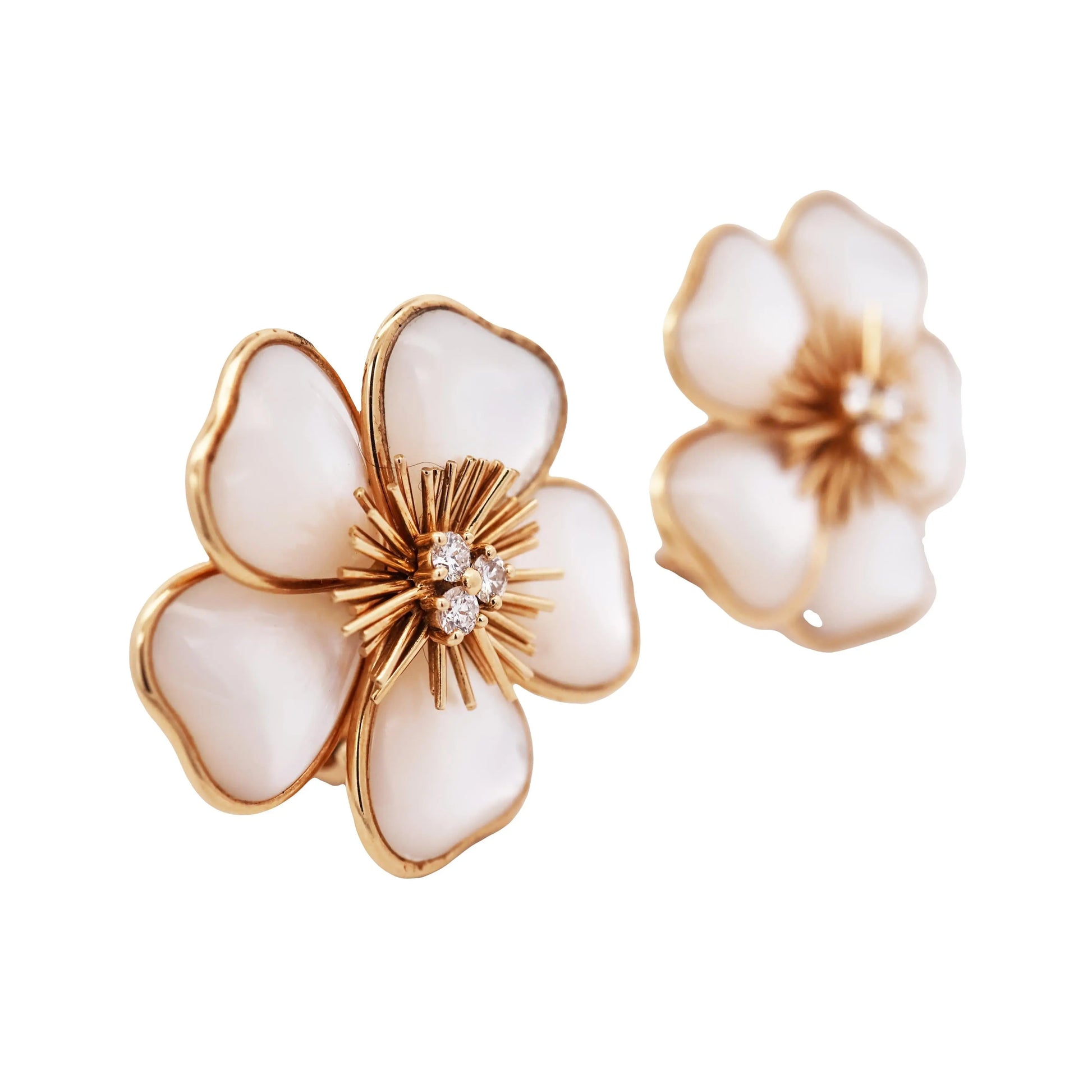 Van Cleef & Arpels, 18K Gold Mother-of-Pearl Diamond Flower Earrings