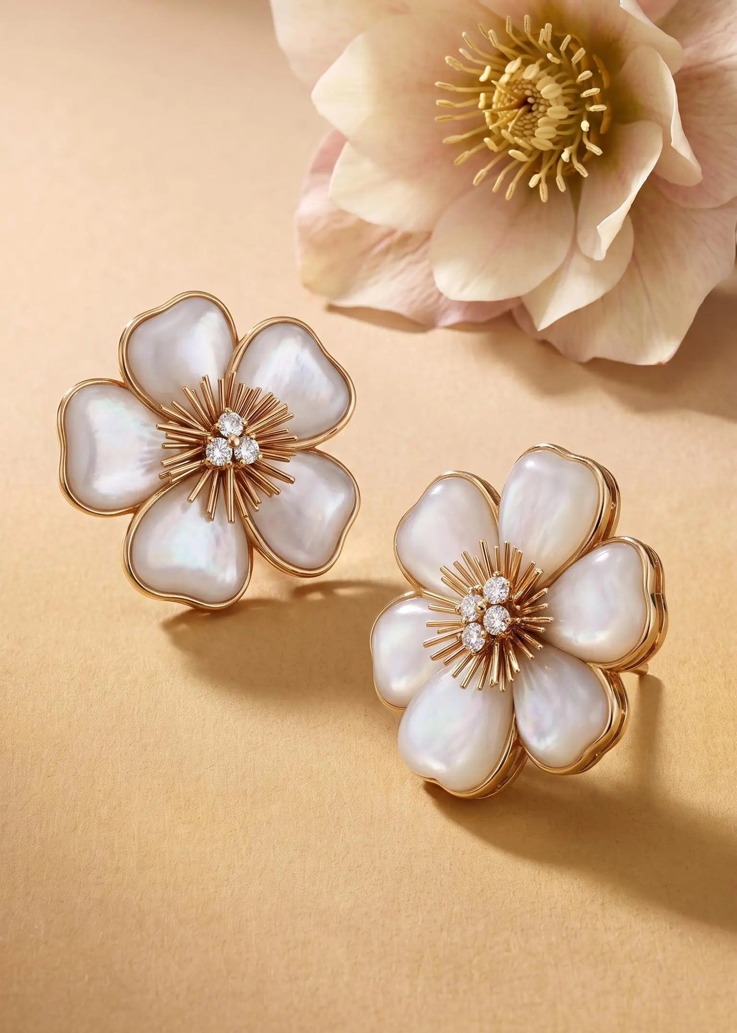 Van Cleef & Arpels, 18K Gold Mother-of-Pearl Diamond Flower Earrings