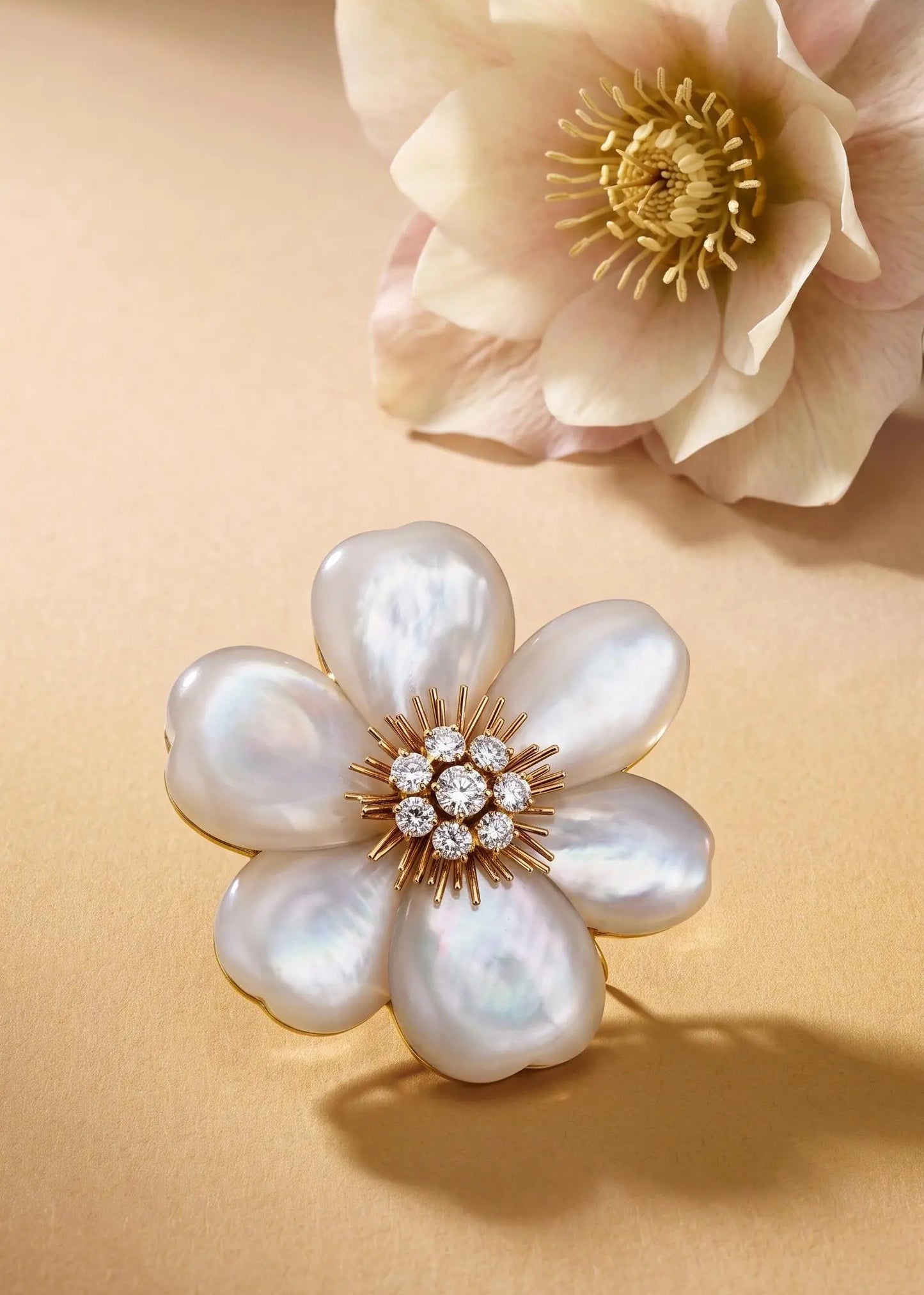 Van Cleef & Arpels, 18K Gold Mother-of-Pearl Diamond Flower Brooch