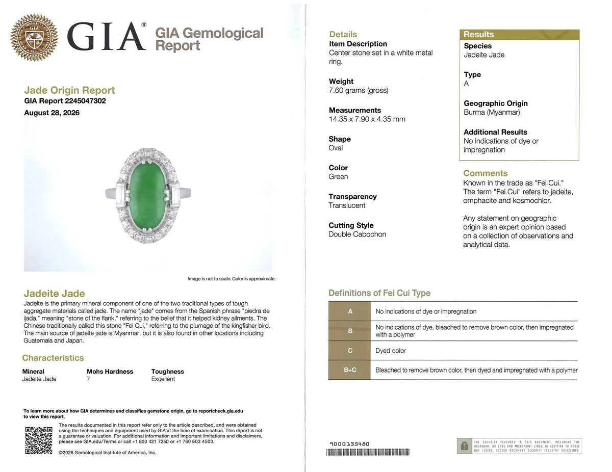 Platinum Jadeite Jade Diamond Ring, GIA