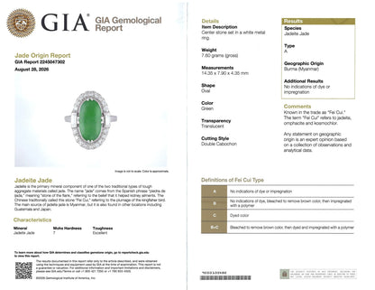 Platinum Jadeite Jade Diamond Ring, GIA