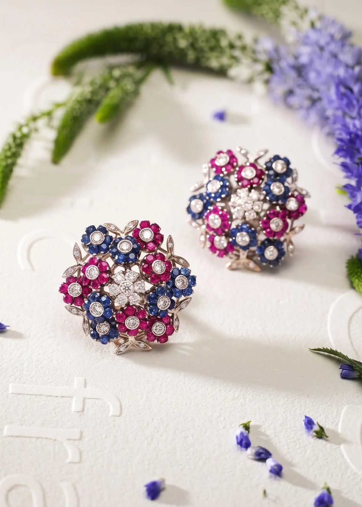 Cartier, 18K Gold Sapphire Ruby Diamond Diamond Tremblant Earrings