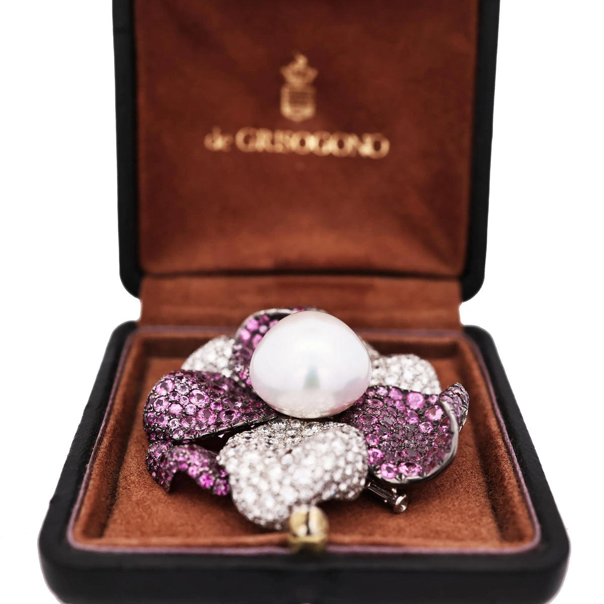 de Grisogono, 18K Gold Pink Sapphire Diamond Pearl Brooch, Certificate