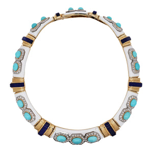 David Webb, Platinum 18K Gold Turquoise Lapis Enamel Diamond Collar Necklace