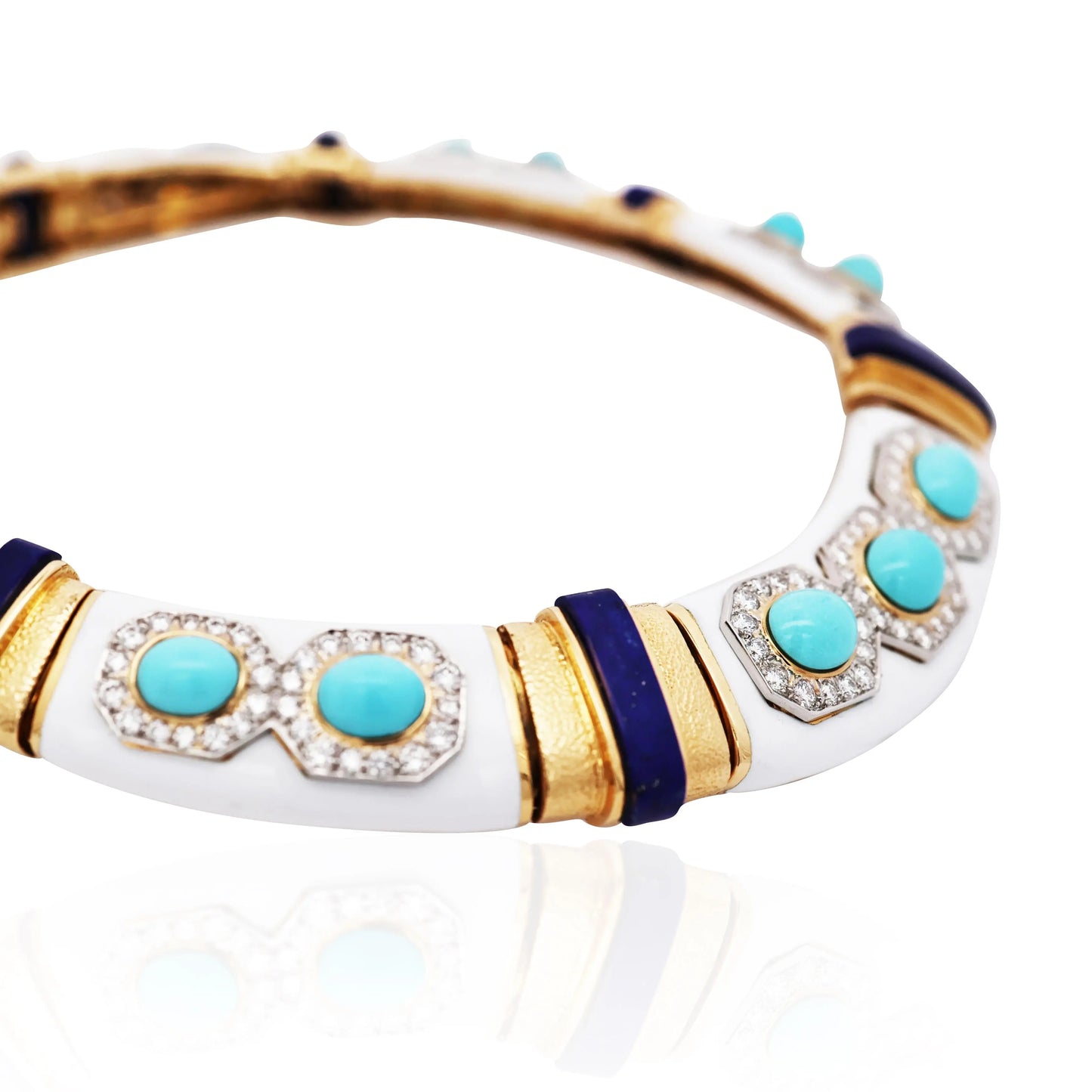 David Webb, Platinum 18K Gold Turquoise Lapis Enamel Diamond Collar Necklace