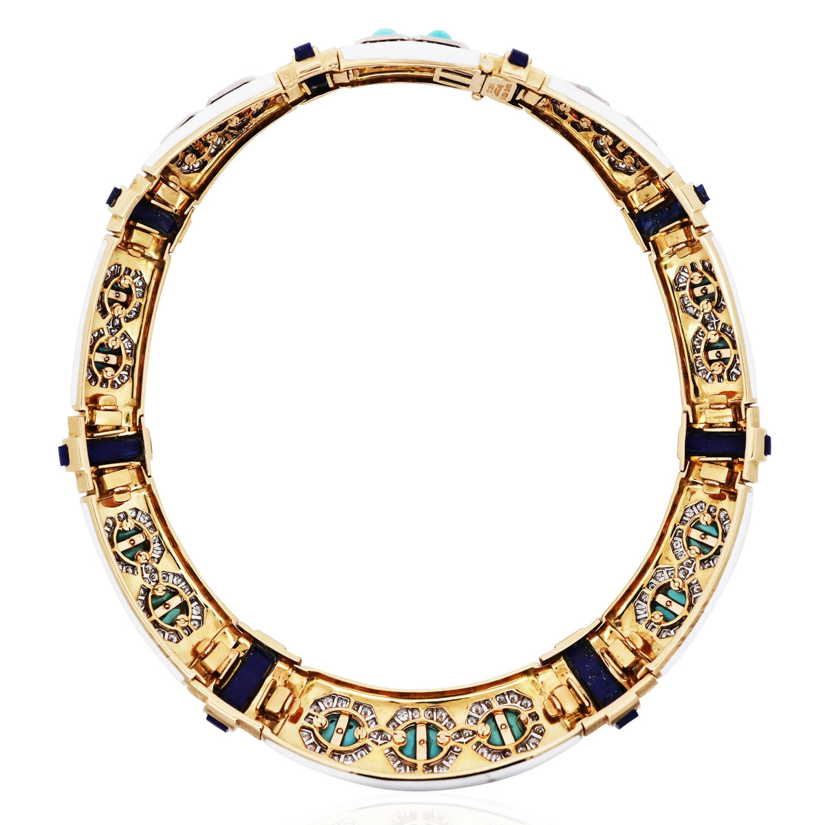 David Webb, Platinum 18K Gold Turquoise Lapis Enamel Diamond Collar Necklace