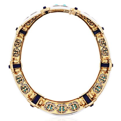 David Webb, Platinum 18K Gold Turquoise Lapis Enamel Diamond Collar Necklace