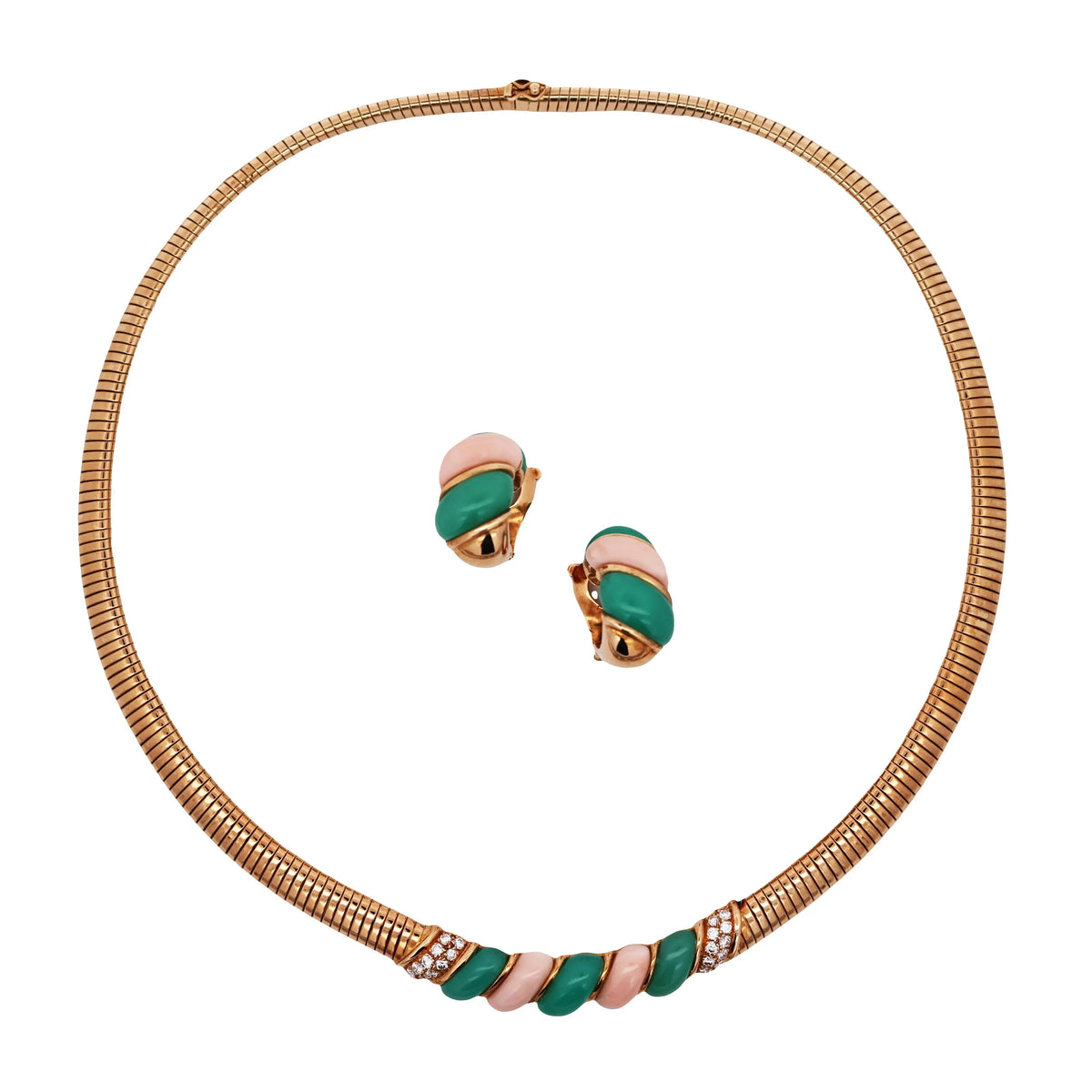 Van Cleef & Arpels, 18K Gold Chrysophrase Coral Diamond Necklace and Earrings
