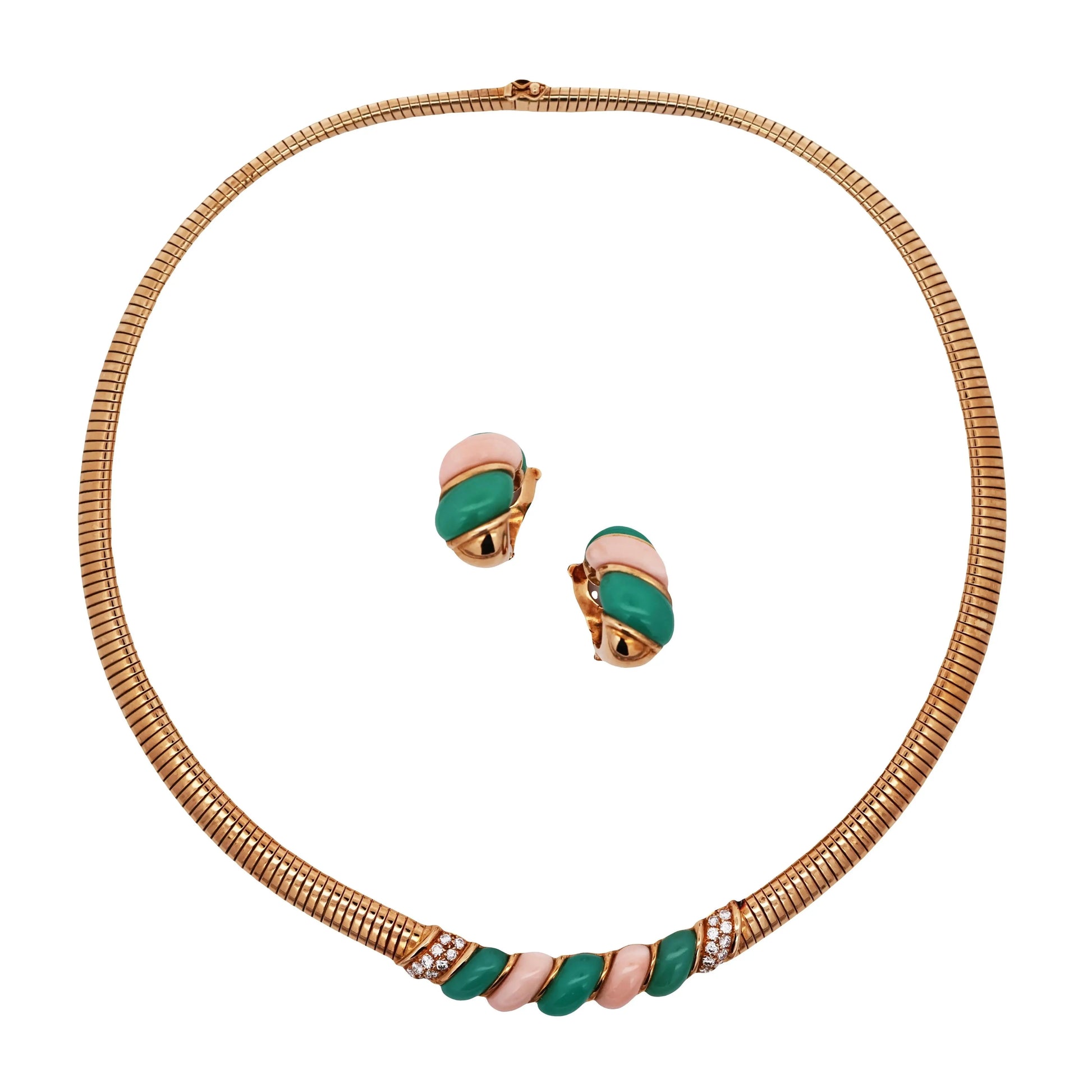 Van Cleef & Arpels, 18K Gold Chrysophrase Coral Diamond Necklace and Earrings