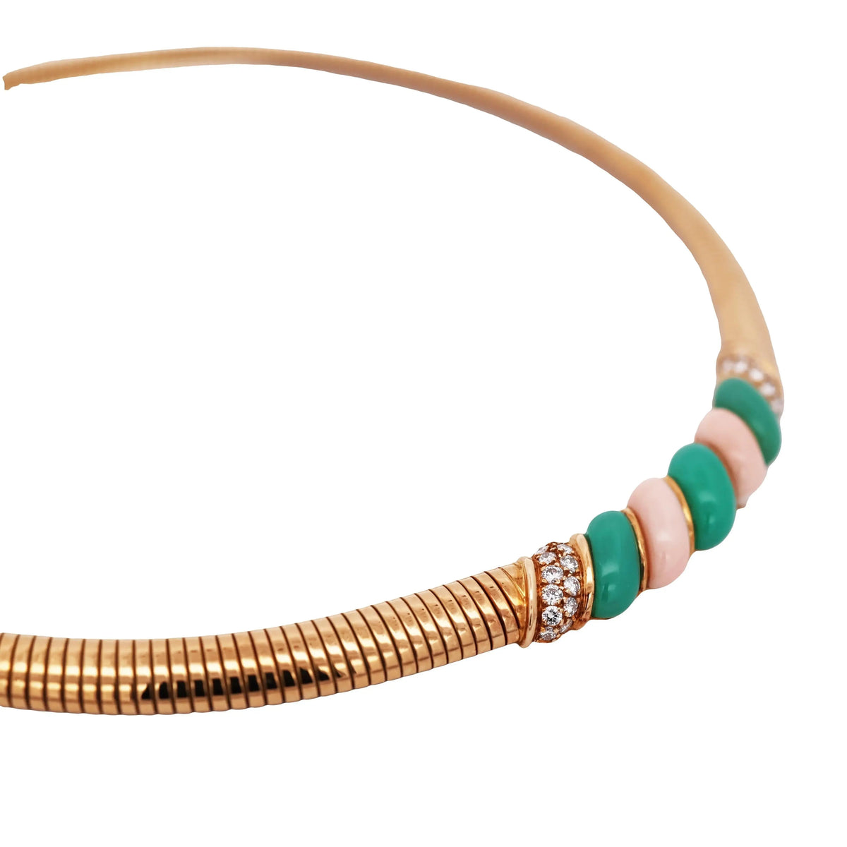 Van Cleef & Arpels, 18K Gold Chrysophrase Coral Diamond Necklace and Earrings