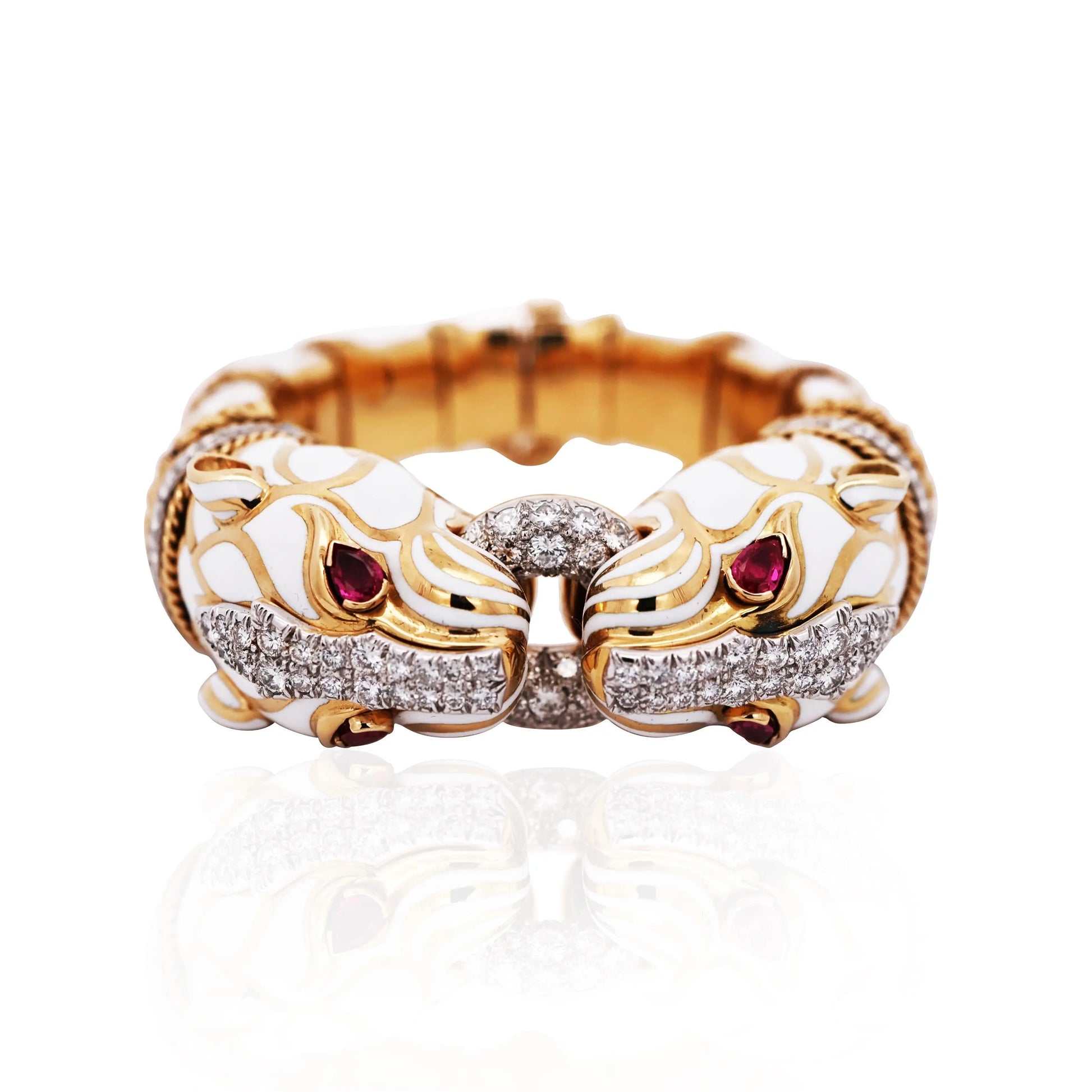 David Webb, Platinum 18K Gold Enamel Ruby Diamond Double Panthere-head Bracelet