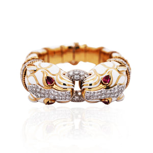 David Webb, Platinum 18K Gold Enamel Ruby Diamond Double Panthere-head Bracelet