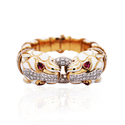 David Webb, Platinum 18K Gold Enamel Ruby Diamond Double Panthere-head Bracelet