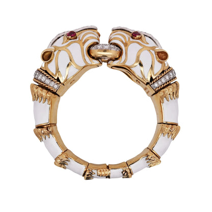 David Webb, Platinum 18K Gold Enamel Ruby Diamond Double Panthere-head Bracelet