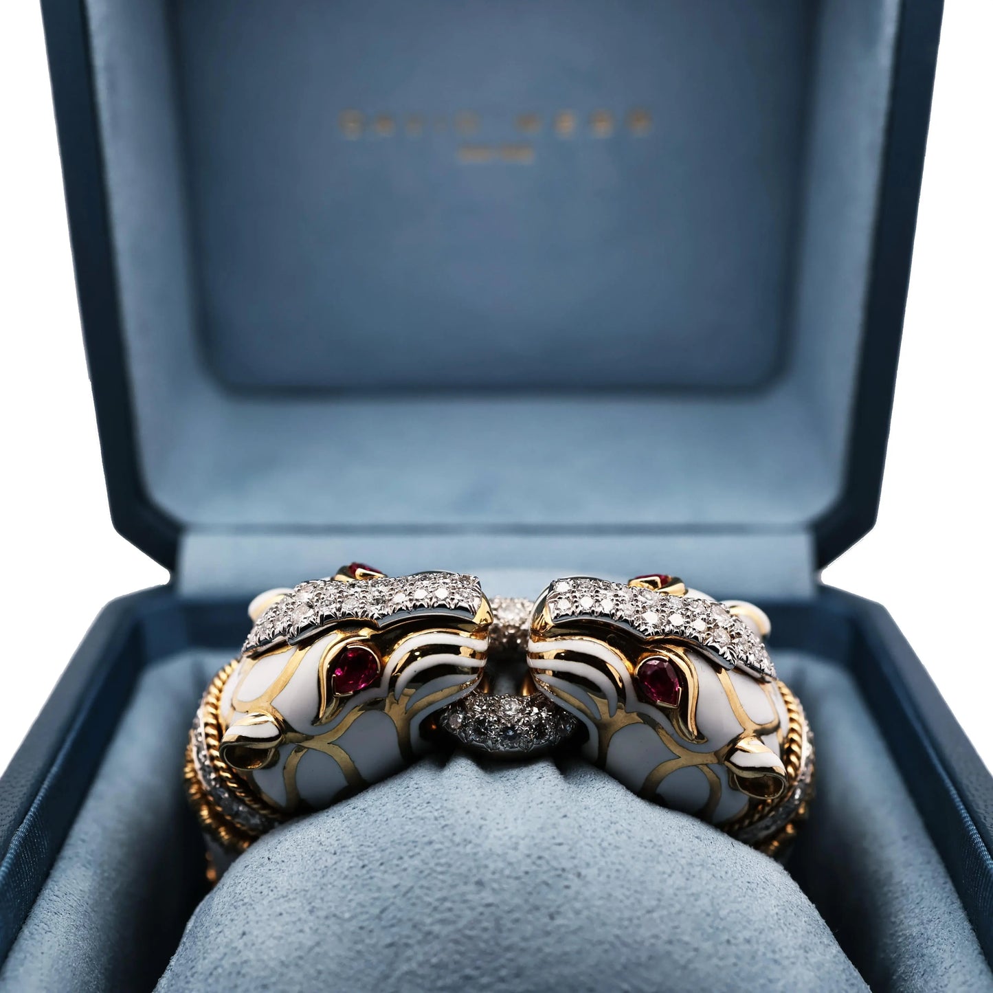 David Webb, Platinum 18K Gold Enamel Ruby Diamond Double Panthere-head Bracelet
