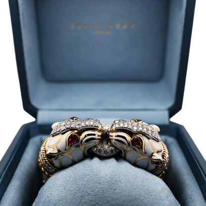 David Webb, Platinum 18K Gold Enamel Ruby Diamond Double Panthere-head Bracelet