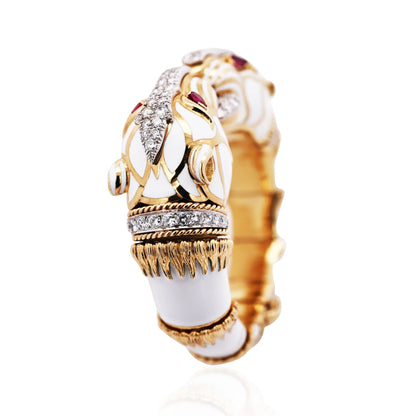 David Webb, Platinum 18K Gold Enamel Ruby Diamond Double Panthere-head Bracelet
