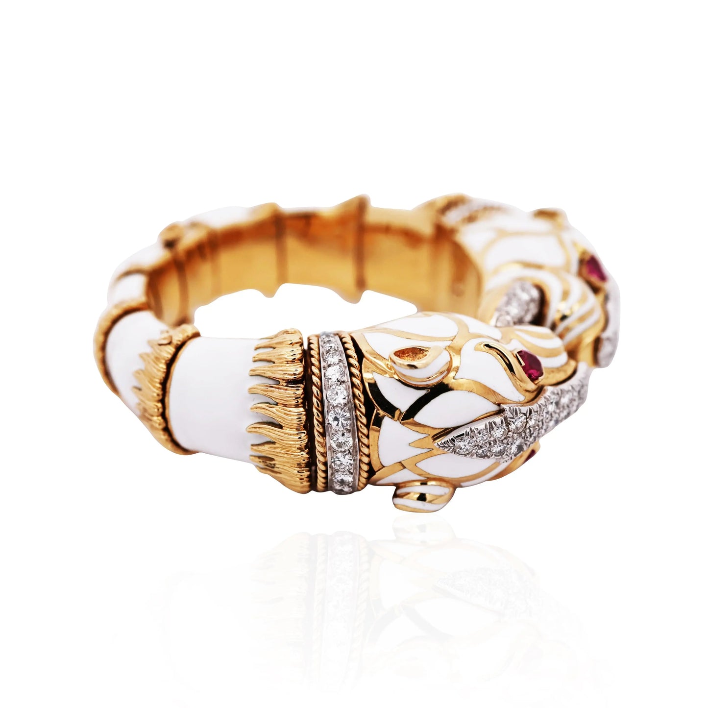 David Webb, Platinum 18K Gold Enamel Ruby Diamond Double Panthere-head Bracelet