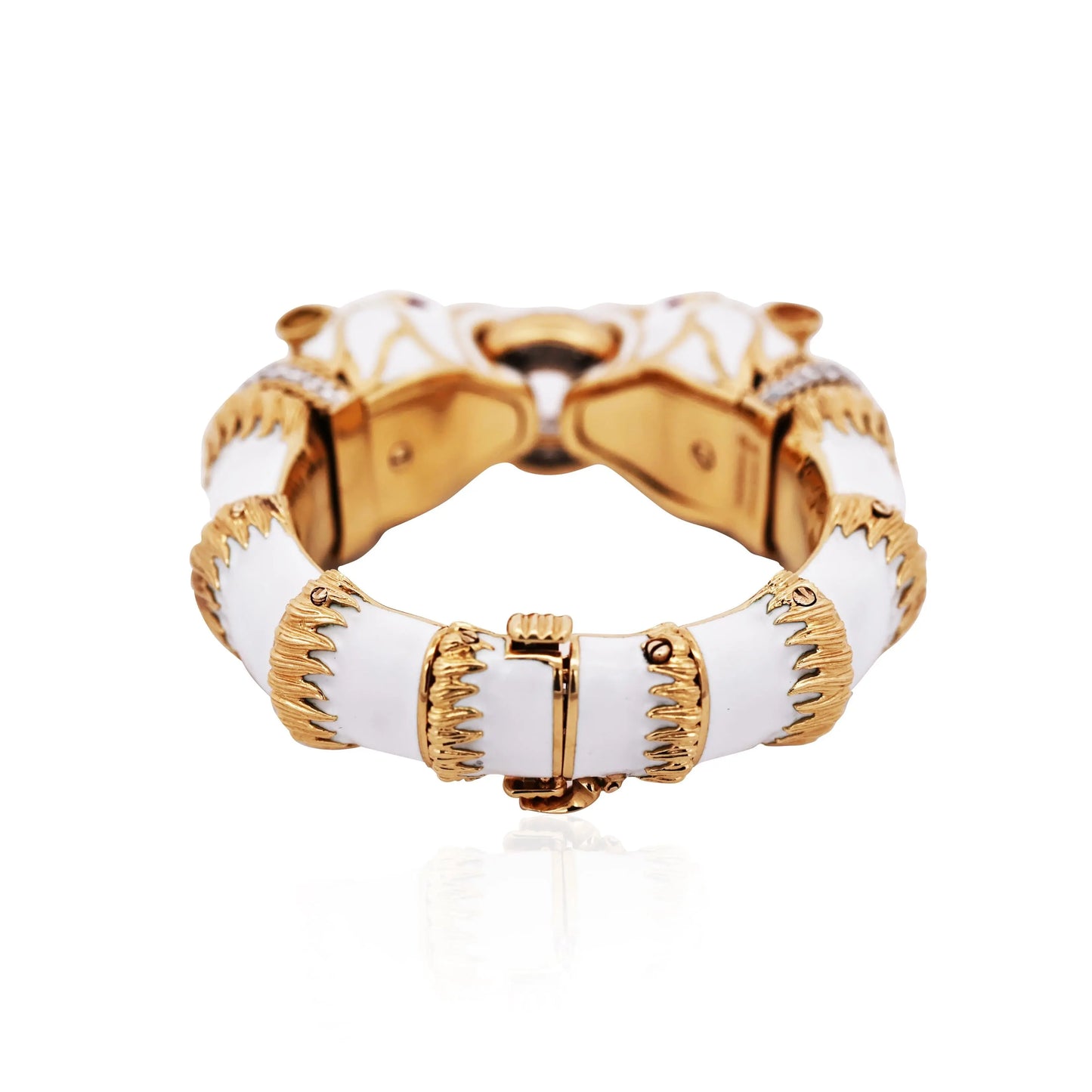 David Webb, Platinum 18K Gold Enamel Ruby Diamond Double Panthere-head Bracelet