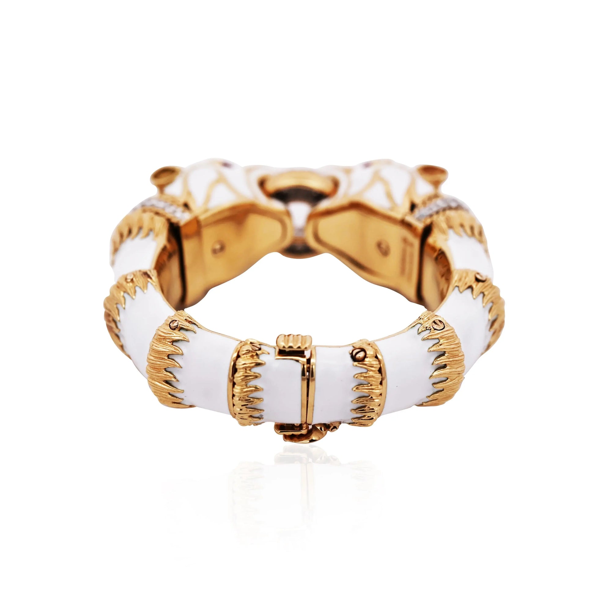 David Webb, Platinum 18K Gold Enamel Ruby Diamond Double Panthere-head Bracelet