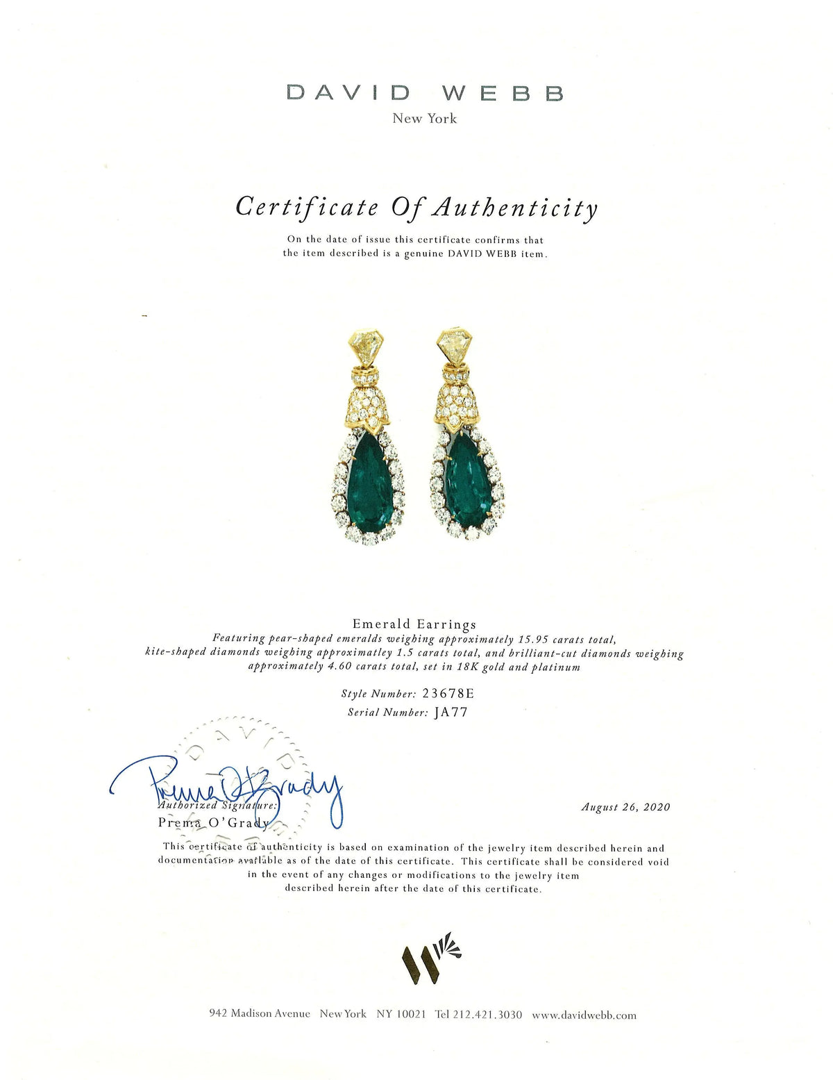 David Webb, Platinum 18K Gold Colombia Minor Emerald Diamond Earrings, AGL, Cert