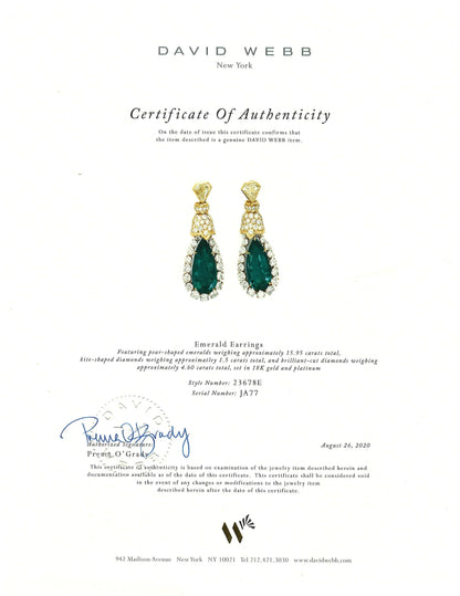 David Webb, Platinum 18K Gold Colombia Minor Emerald Diamond Earrings, AGL, Cert