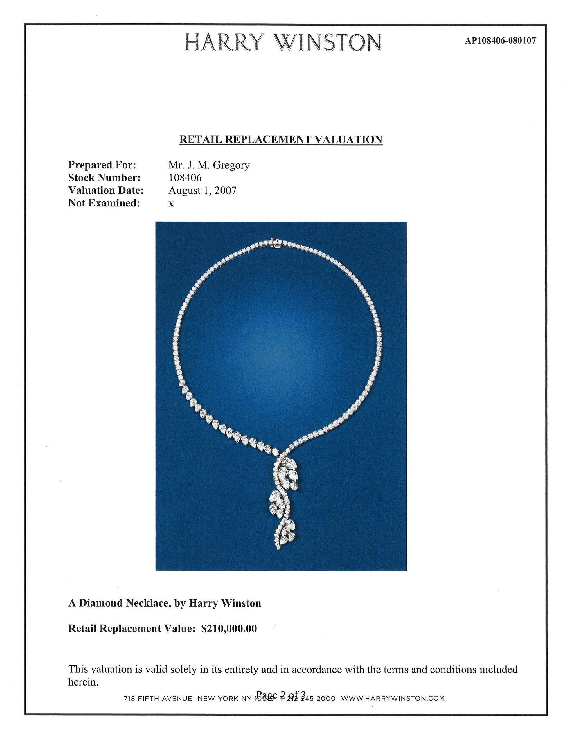 Harry Winston, Platinum Diamond Necklace, Valuation