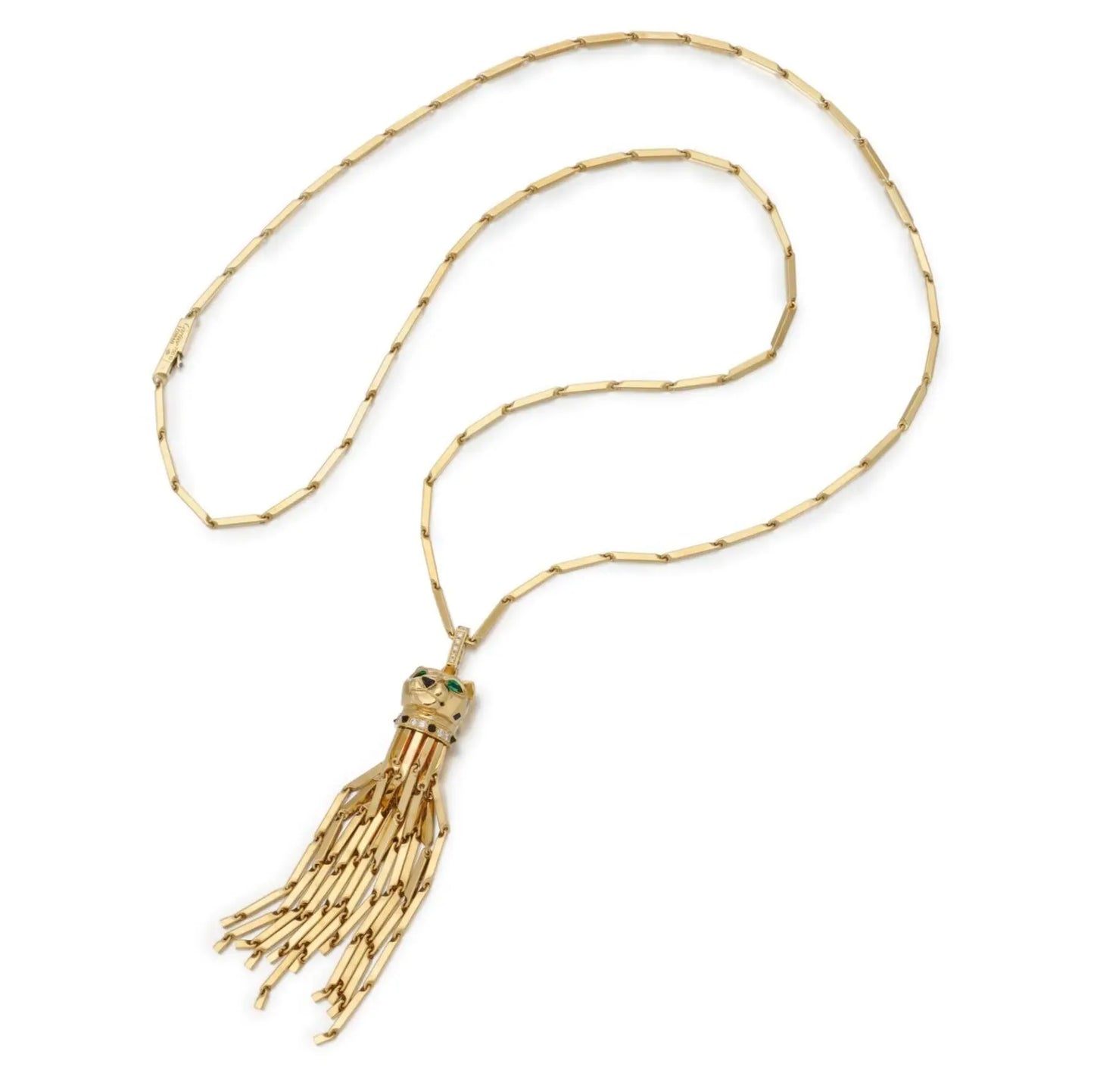 Cartier, 18K Gold Emerald Onyx Enamel Diamond Panthere Necklace