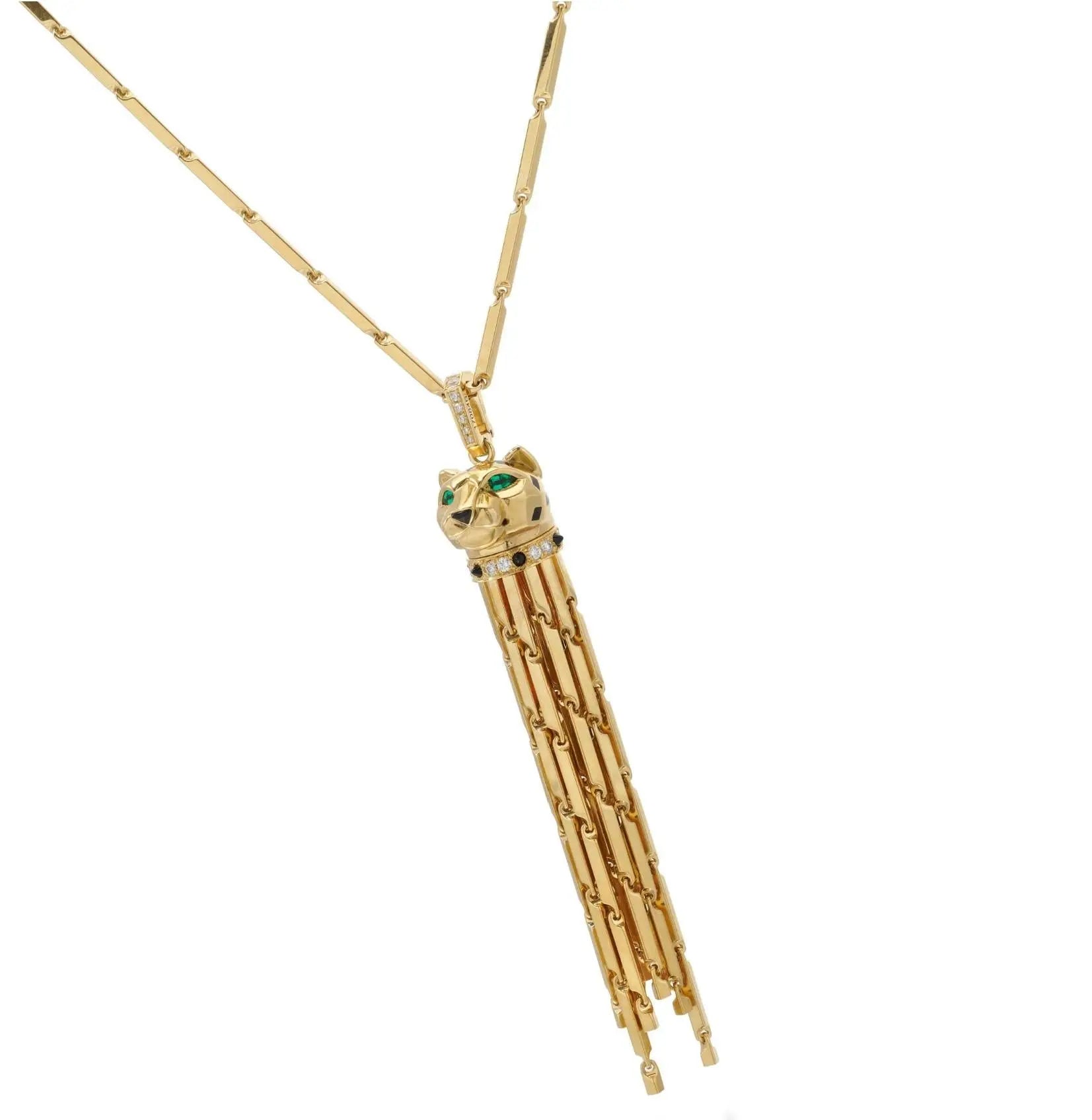 Cartier, 18K Gold Emerald Onyx Enamel Diamond Panthere Necklace