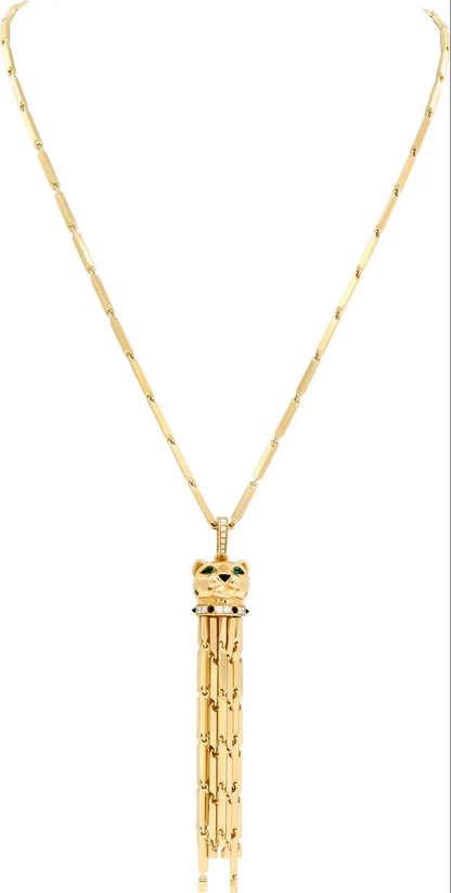Cartier, 18K Gold Emerald Onyx Enamel Diamond Panthere Necklace