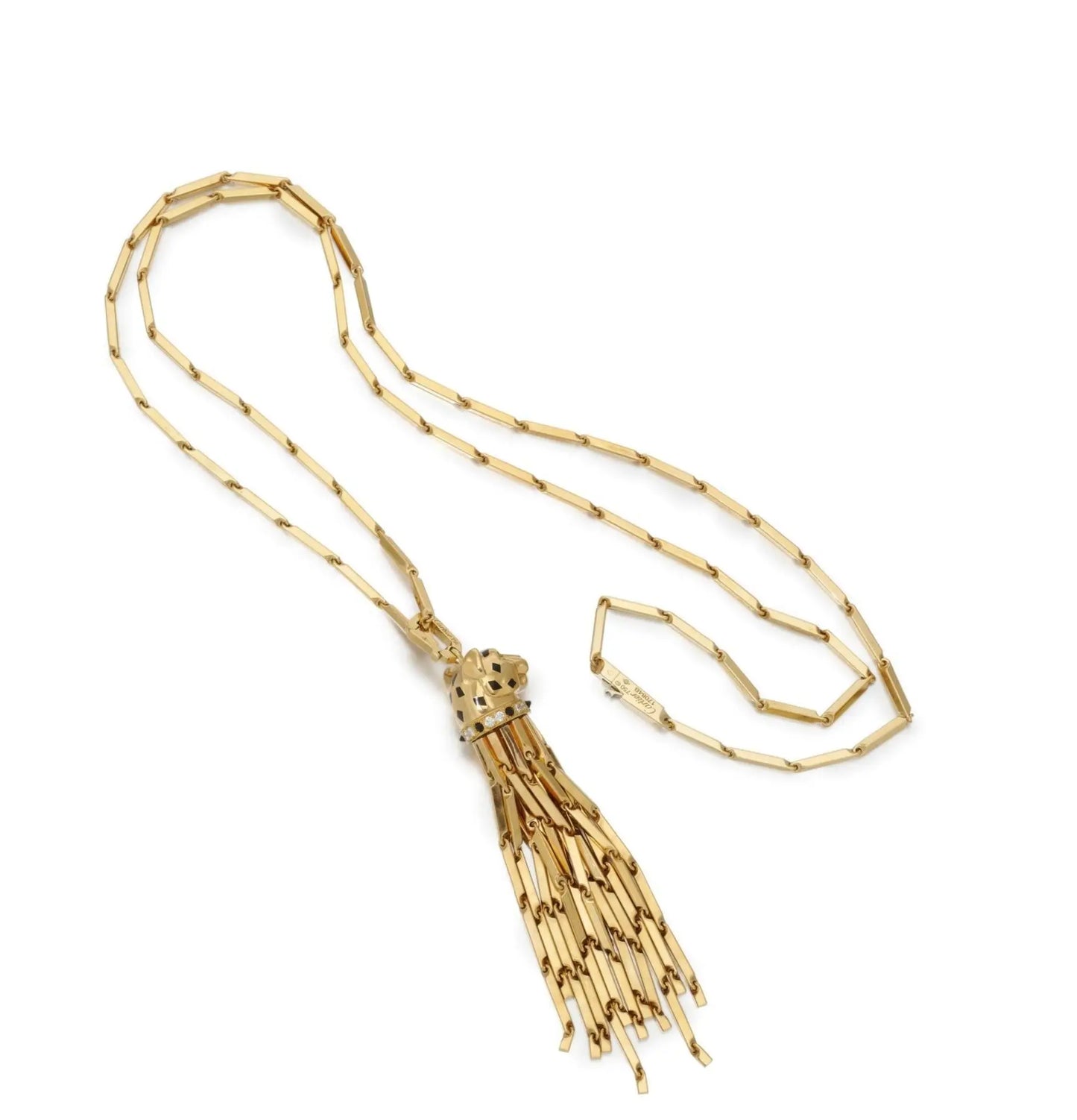 Cartier, 18K Gold Emerald Onyx Enamel Diamond Panthere Necklace