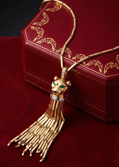 Cartier, 18K Gold Emerald Onyx Enamel Diamond Panthere Necklace