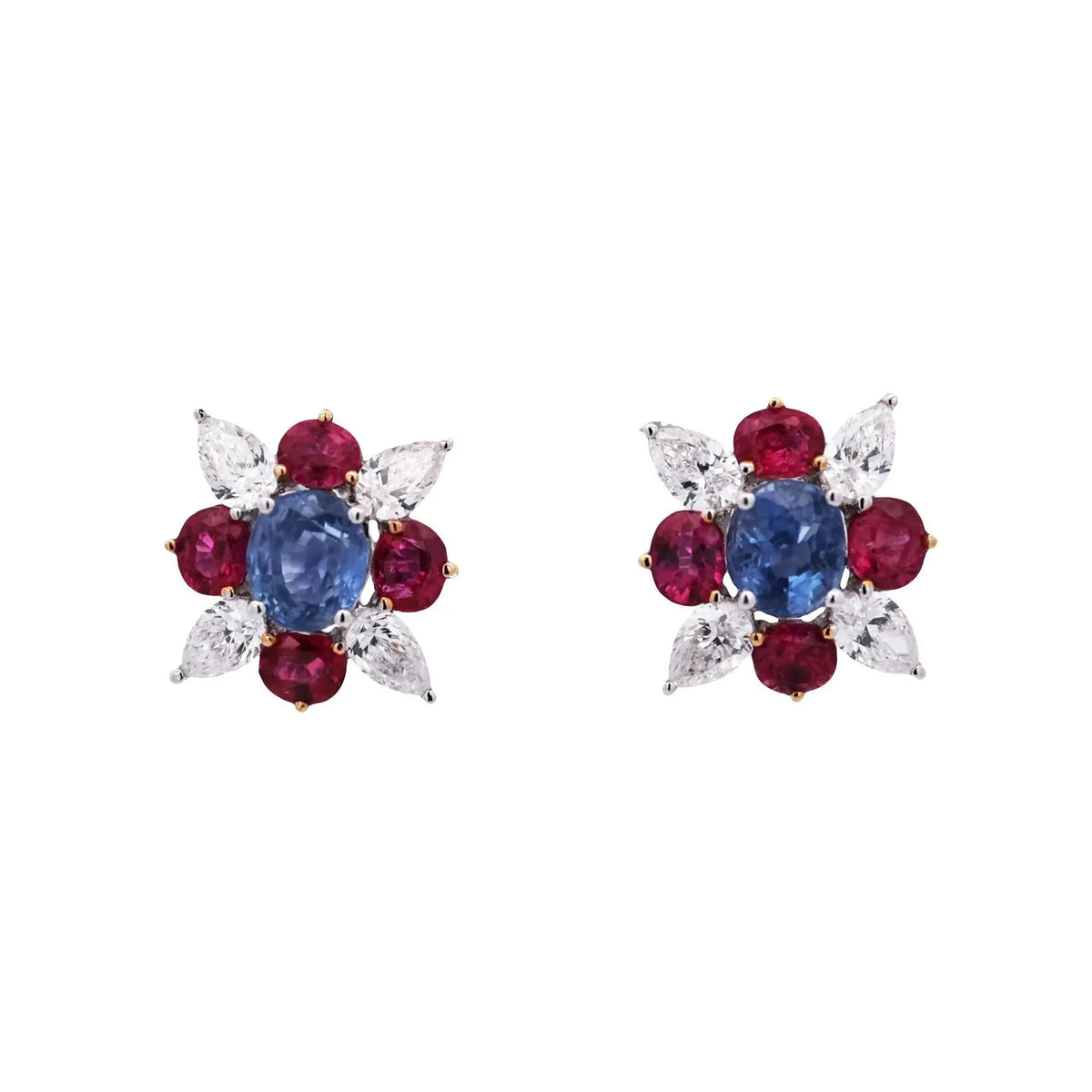 18K Gold Kashmir Unheated Sapphire Ruby Diamond Earrings, GIA