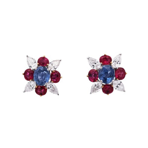 18K Gold Kashmir Unheated Sapphire Ruby Diamond Earrings, GIA