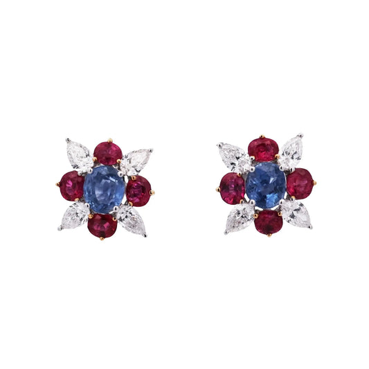 18K Gold Kashmir Unheated Sapphire Ruby Diamond Earrings, GIA