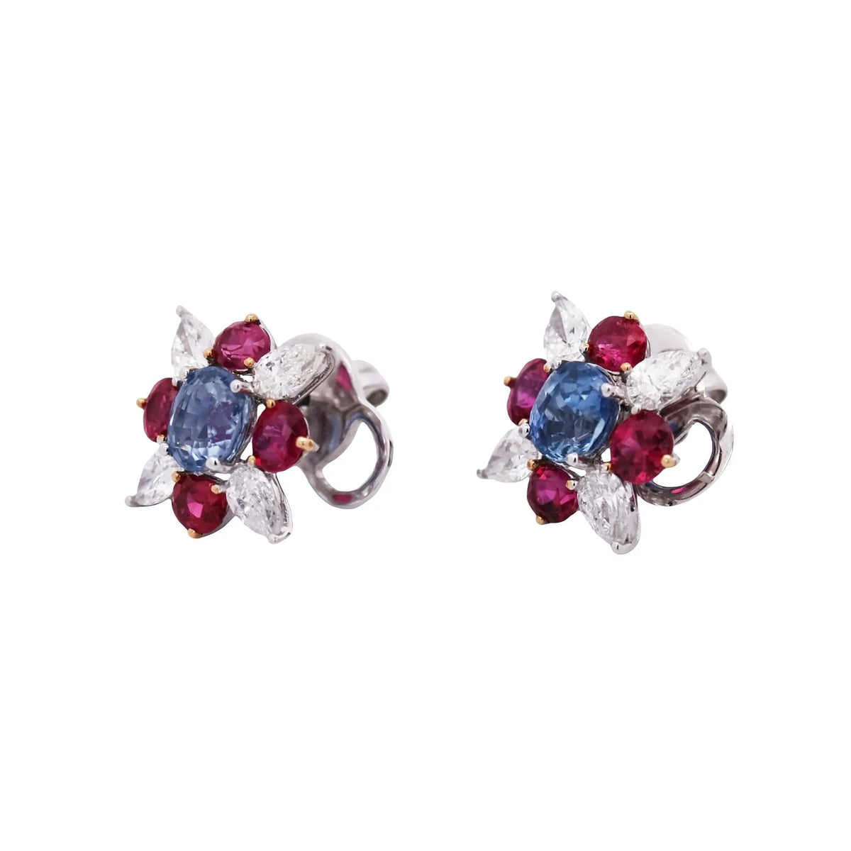 18K Gold Kashmir Unheated Sapphire Ruby Diamond Earrings, GIA