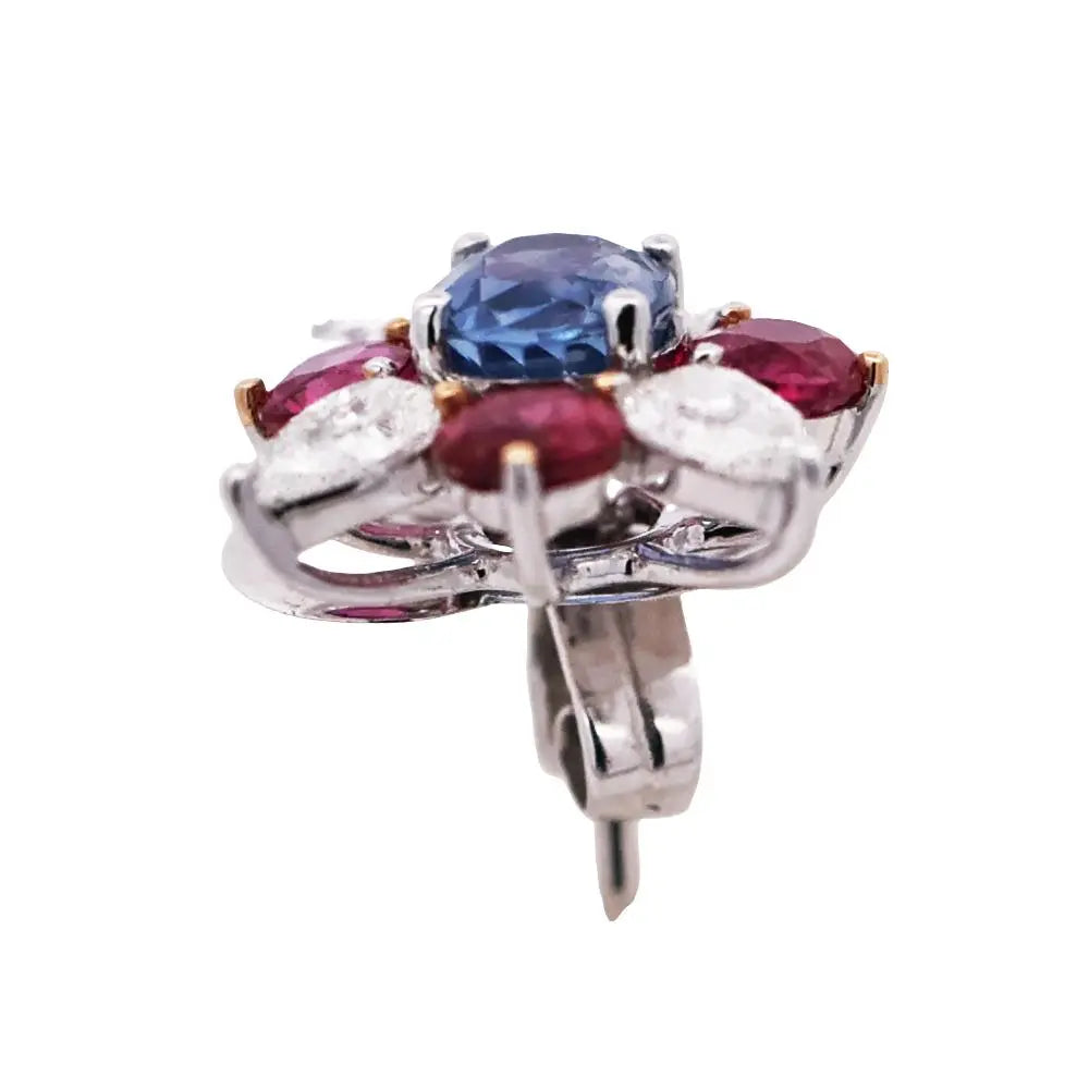 18K Gold Kashmir Unheated Sapphire Ruby Diamond Earrings, GIA