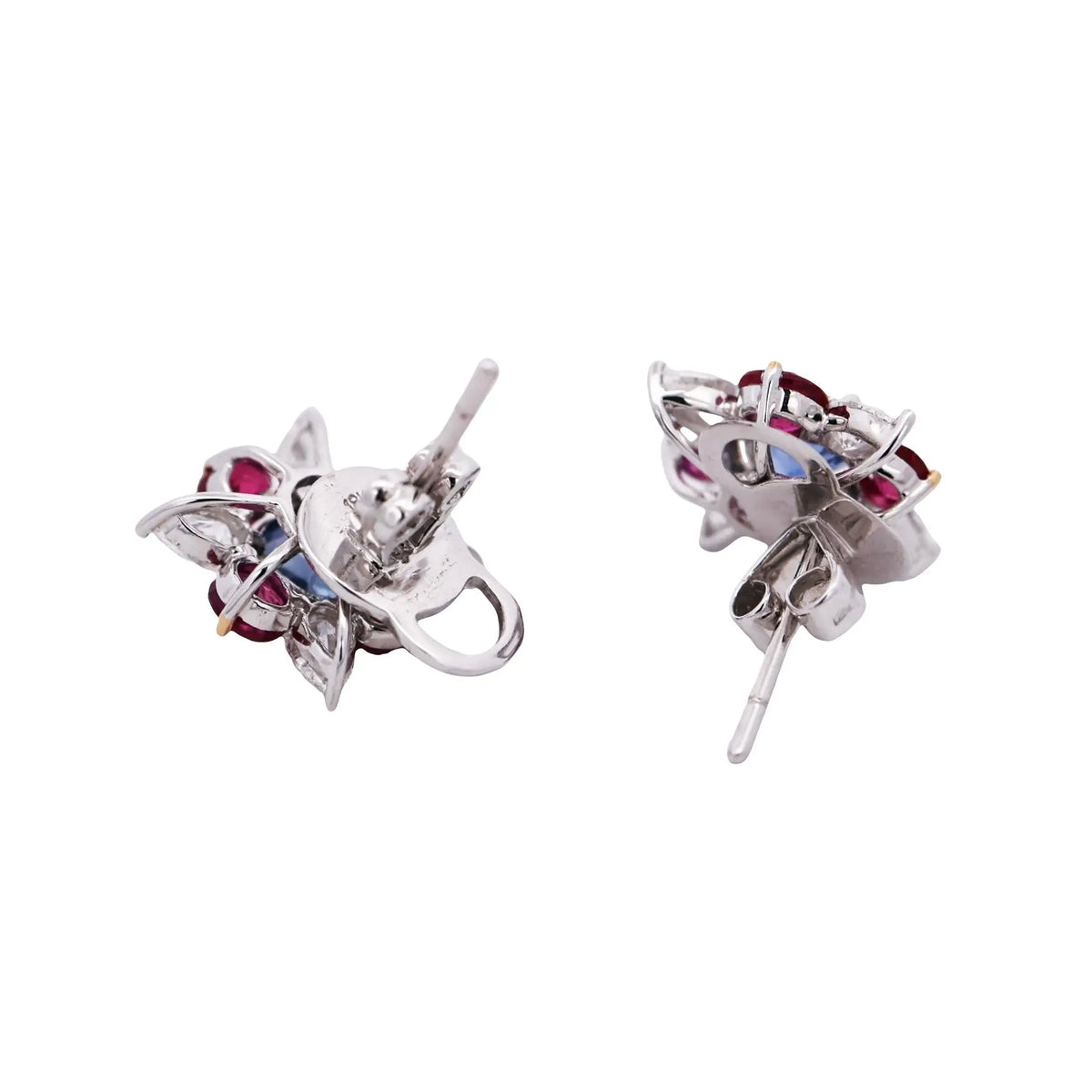 18K Gold Kashmir Unheated Sapphire Ruby Diamond Earrings, GIA