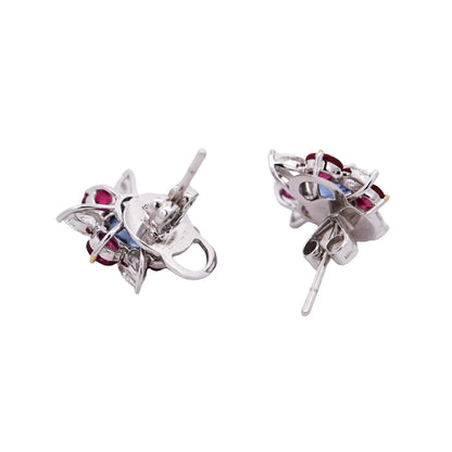 18K Gold Kashmir Unheated Sapphire Ruby Diamond Earrings, GIA