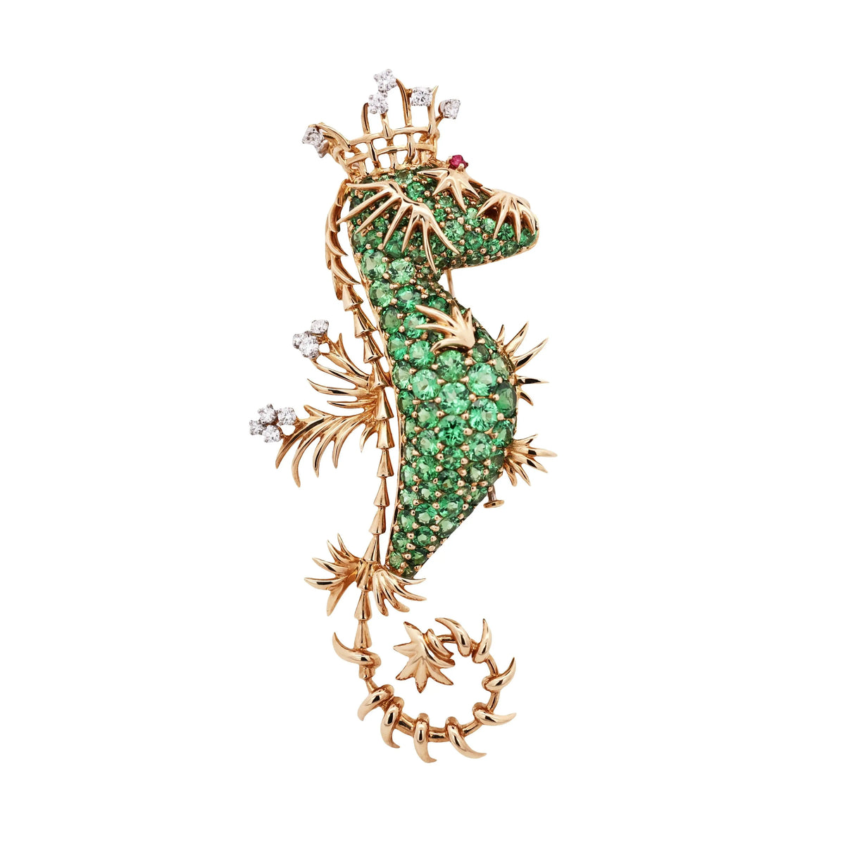 Tiffany Schlumberger, 18K Gold Tsavorite Diamond Seahorse Brooch