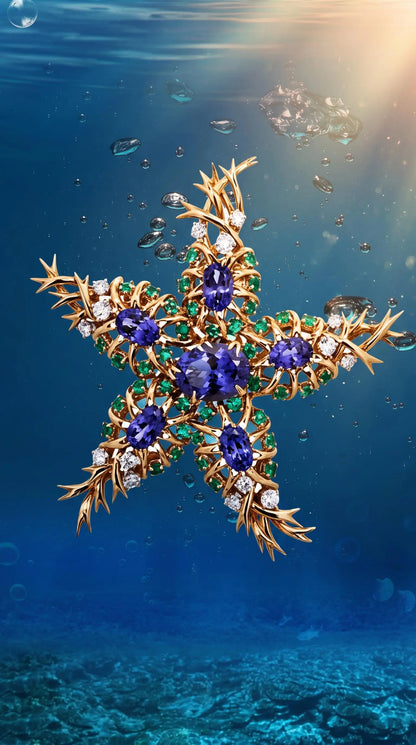 Tiffany Schlumberger, 18K Gold Gemstone Seastar Brooch