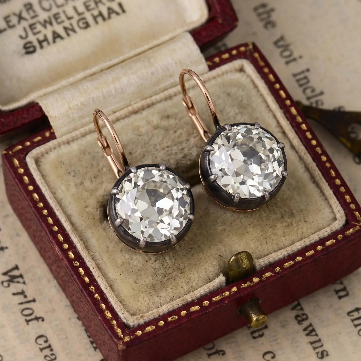 Silver-top-Gold Old European Cut Diamond Earrings, 5.02ct and 5.06ct GIA
