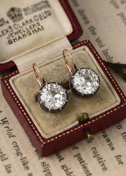 Silver-top-Gold Old European Cut Diamond Earrings, 5.02ct and 5.06ct GIA