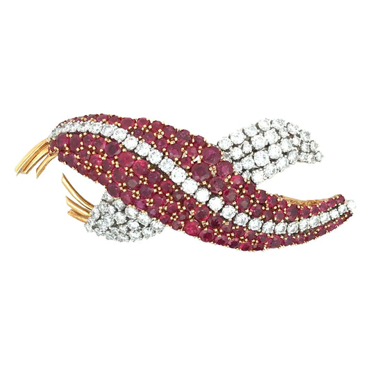 Platinum 18K Gold Ruby Diamond Brooch