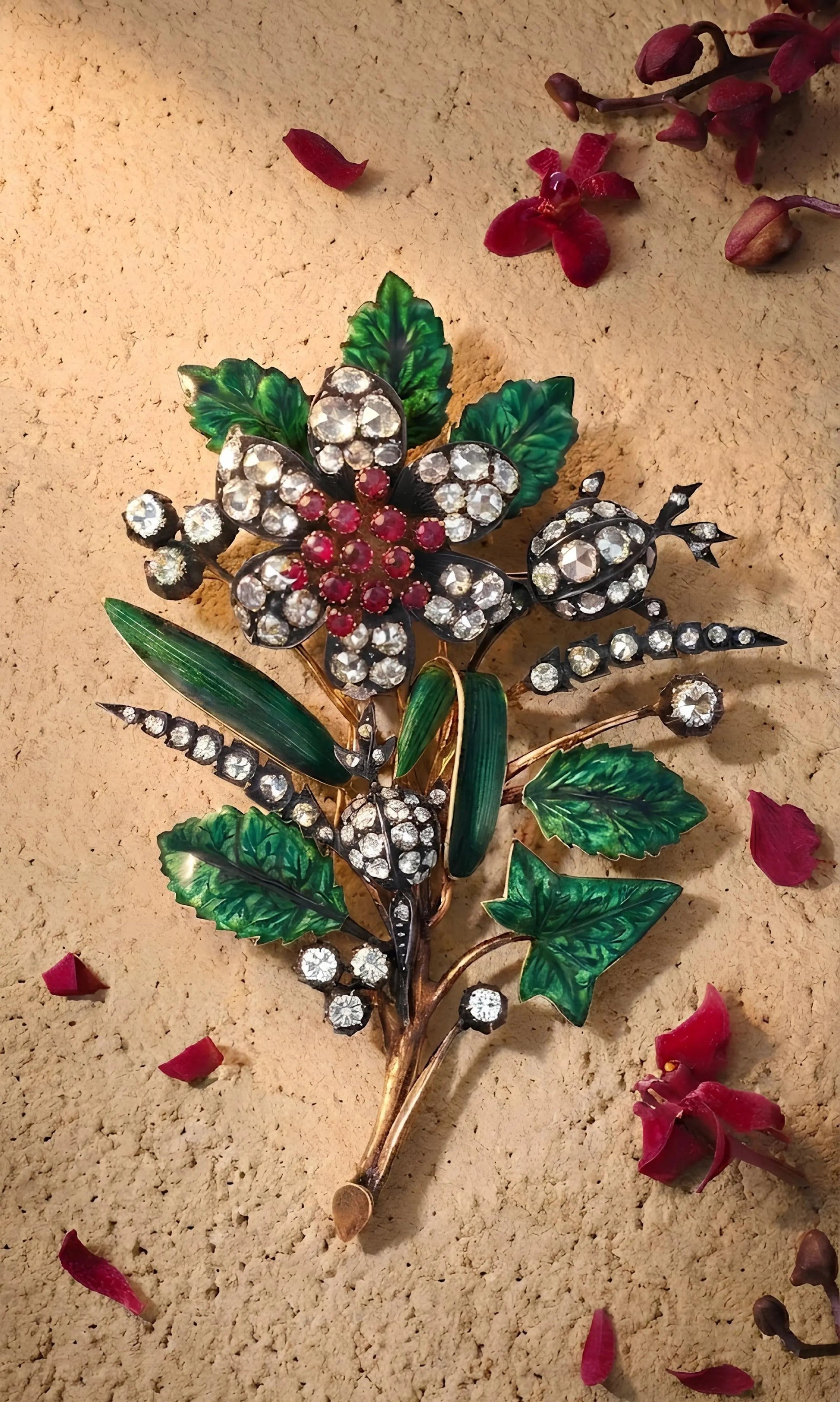 Silver-topped-Gold Ruby Enamel Diamond Flower Brooch