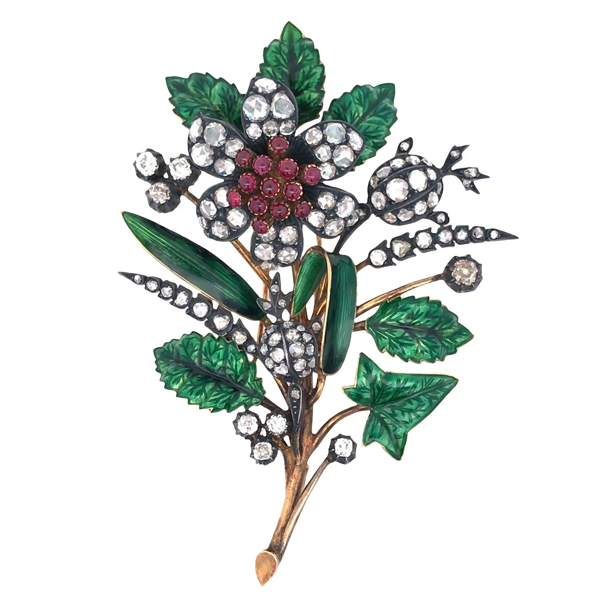Silver-topped-Gold Ruby Enamel Diamond Flower Brooch