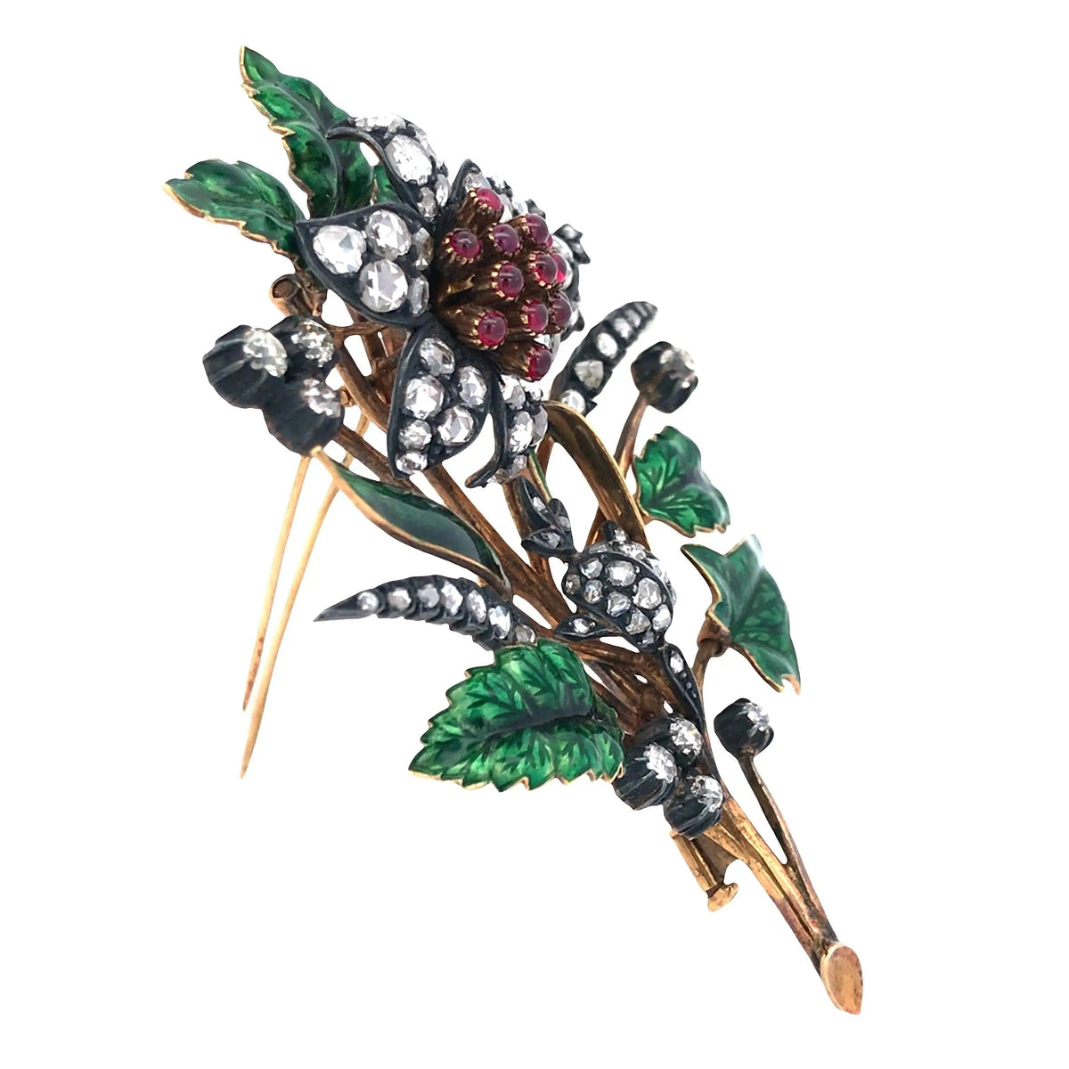 Silver-topped-Gold Ruby Enamel Diamond Flower Brooch